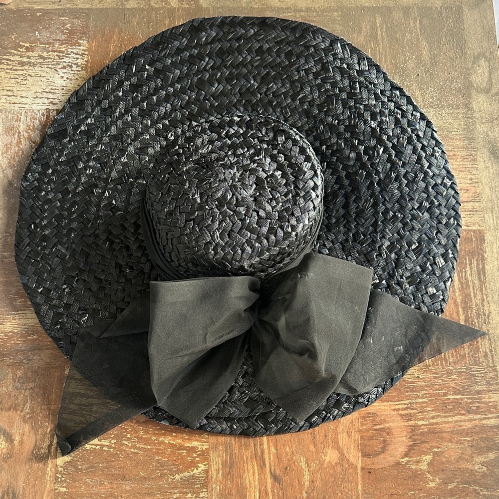 Vintage Lilli of California Chic Black Woven Hat with Bow Accent & Elastic Band